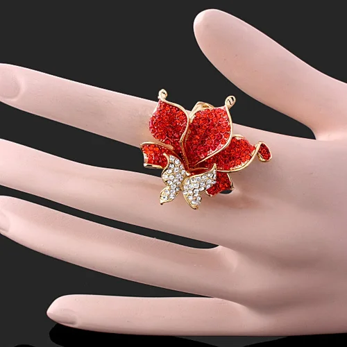 CHRAN Fashion Gold Color Costume Jewelry Exquisite Flower Rings for Women Hot Selling Red Crystal Party Jewelry Ladies Gifts