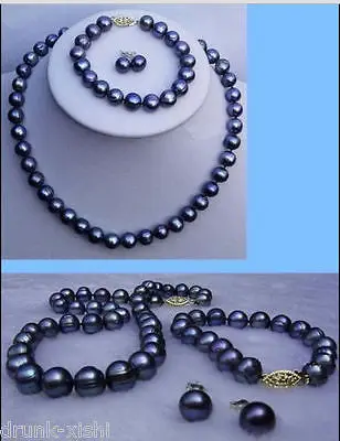 

FREE SHIPPING HOT sell new Style 9-10mm black south sea Pearl necklace/bracelet/earrings set 18"7.5-8"14Kclasp