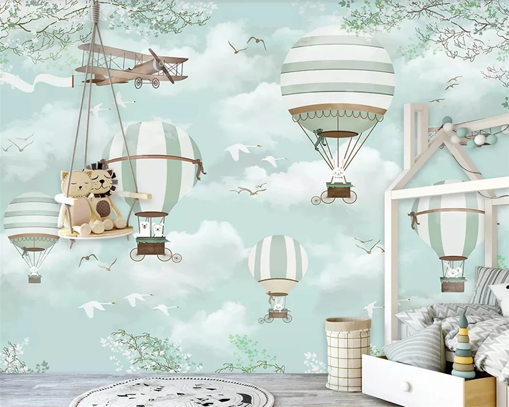 Custom large self-adhesive material mural Cartoon hot air balloon aircraft Blue sky Hand Painted Cartoon Kids  3d wallpaper