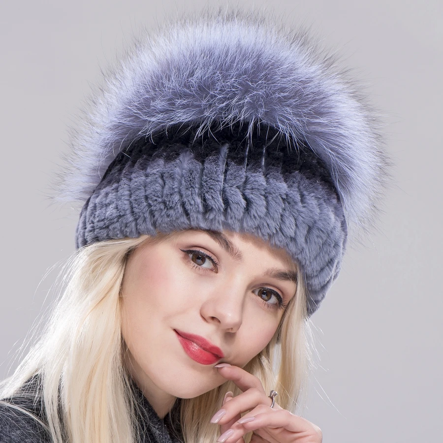 2020 FXFURS Winter hat for Women Rex Rabbit Fur cap lady Real Rabbit+Fox Fur Beanies Elastic Warm Fashion female brand headgear