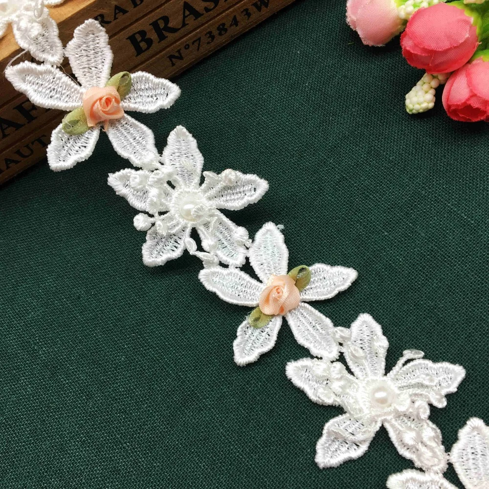 

1 yard Pearl Rose Flower Leaves Lace Trim Fabric Embroidered Applique Ribbon Vintage Wedding Dress For Costume Hat Decoration