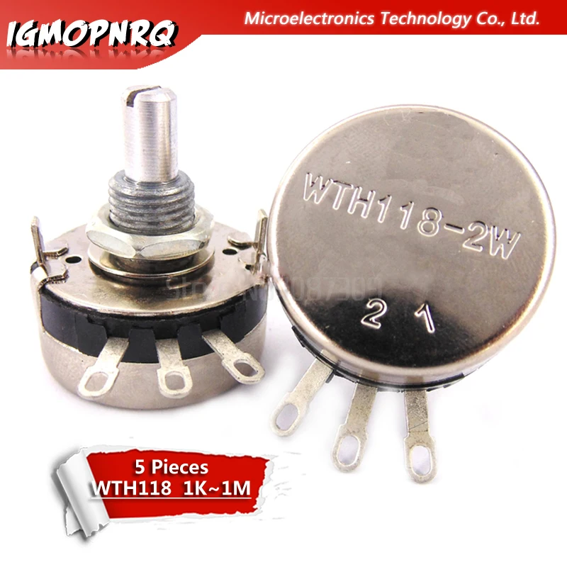 

5PCS WTH118 2W 1A Potentiometer 1K 2.2K 4.7K 10K 22K 47K 100K 470K 1M WTH118-2W Round Shaft Carbon Rotary Taper Potentiometer