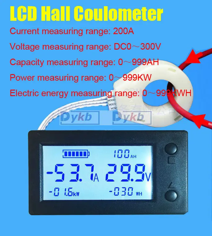 Hall Coulomb meter DC 300V 100A 200A 400A Digital Meter Electric energy Power Capacity Battery Monitor Lead-acid/ Li-ion Lithium