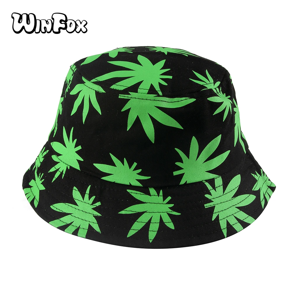 

Winfox 2018 New Summer Green White Black Leaves Print Fisherman Hats Gorro Pescador Bucket Hat Hip Hop Men