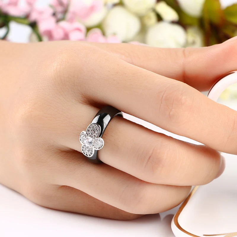 2019 New Bee Ring With Bling Crystal CZ Smooth Pink Black White Ceramic Rings Elegant Jewelry Wedding Finger Ring for Women Gift