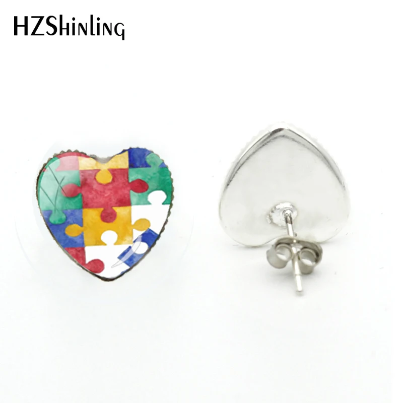 2018 New Autism Awareness Heart Earring Hand Craft Earrings Glass Dome Photo Jewelry Art Ear Studs For Women