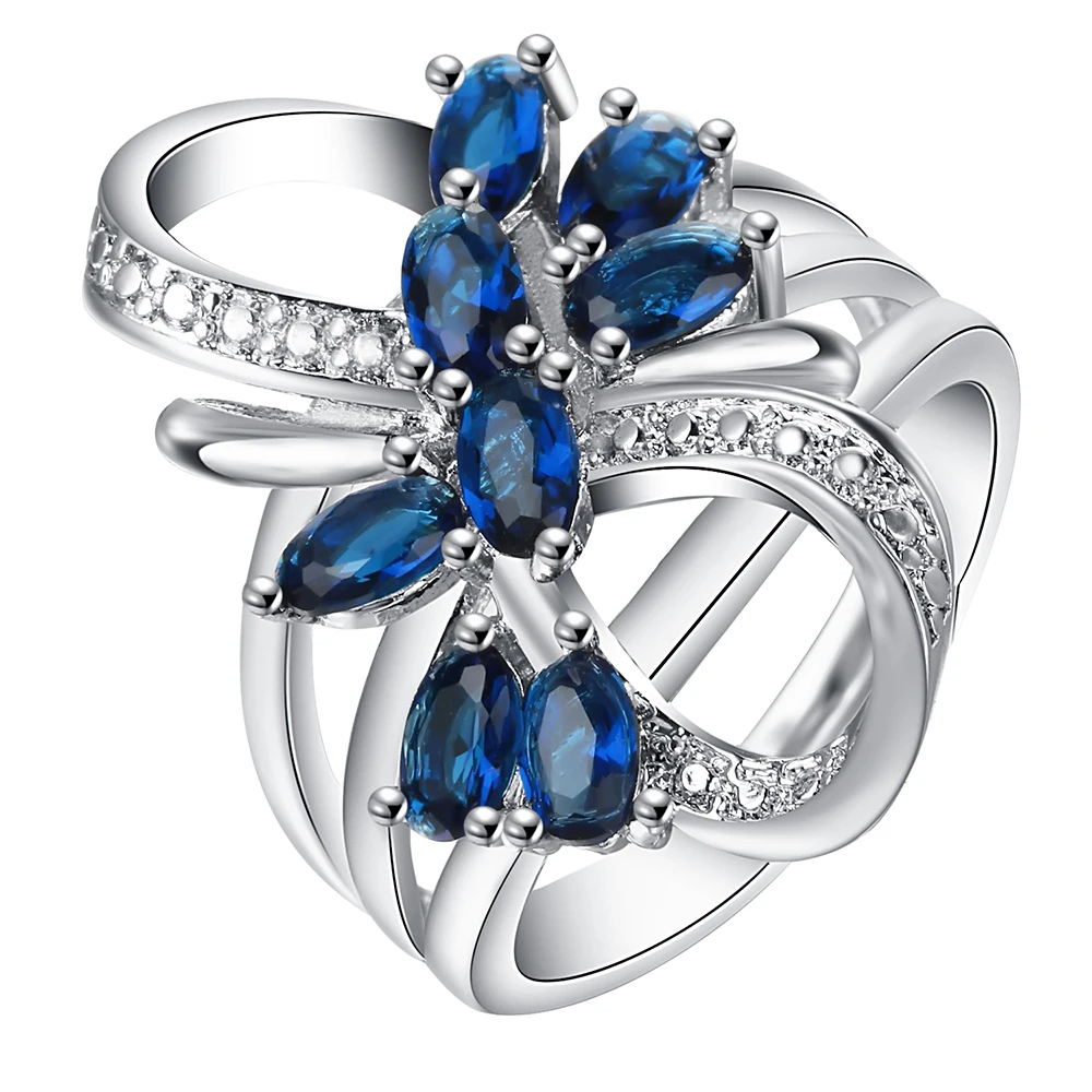 

Red Flower Rings New Plant jewelry Distribution Princess Red blue Cubic Zircon Women Luxury Engagement Ring