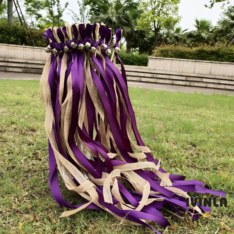 50pcs/lot purple jute wedding wands with big sliver bell for wedding decoration