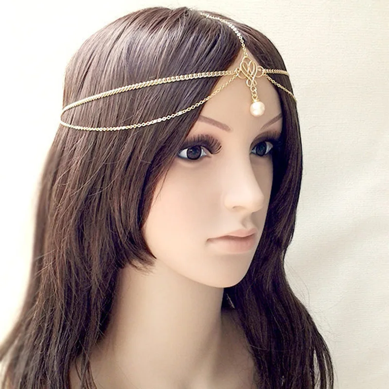 New Wedding Hair Accessories Simple Tassel Pearl Water Drop Gold Bijoux Bridal Headband Crystal Head Chain For Women