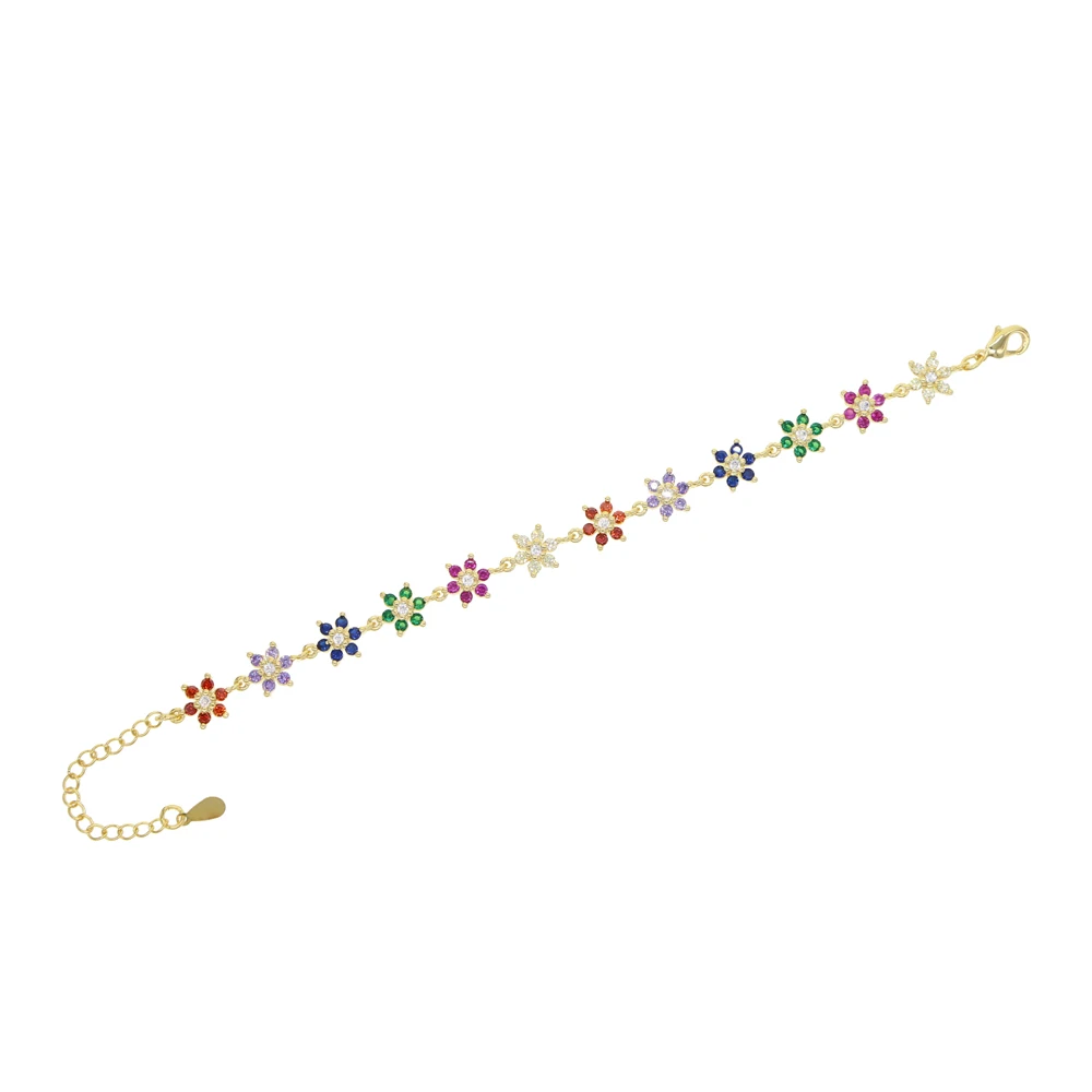 Gold silver Color Red Green Blue CZ Paved Flower Charm Bracelets Bangle Link Rainbow Zircon Stone Fashion Tennis Chain Jewelry