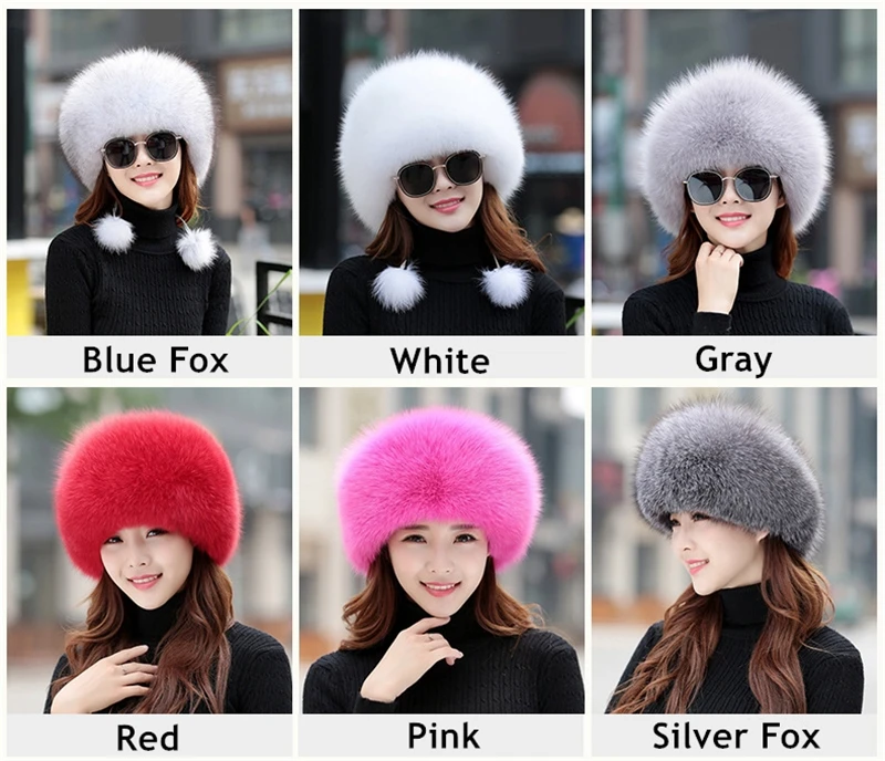 IANLAN Womens Full-pelt Fox Fur Bucket Hats Winter Outdoor Warm Windproof Top Hat Russian Style Real Sheep Leather Hats IL00249