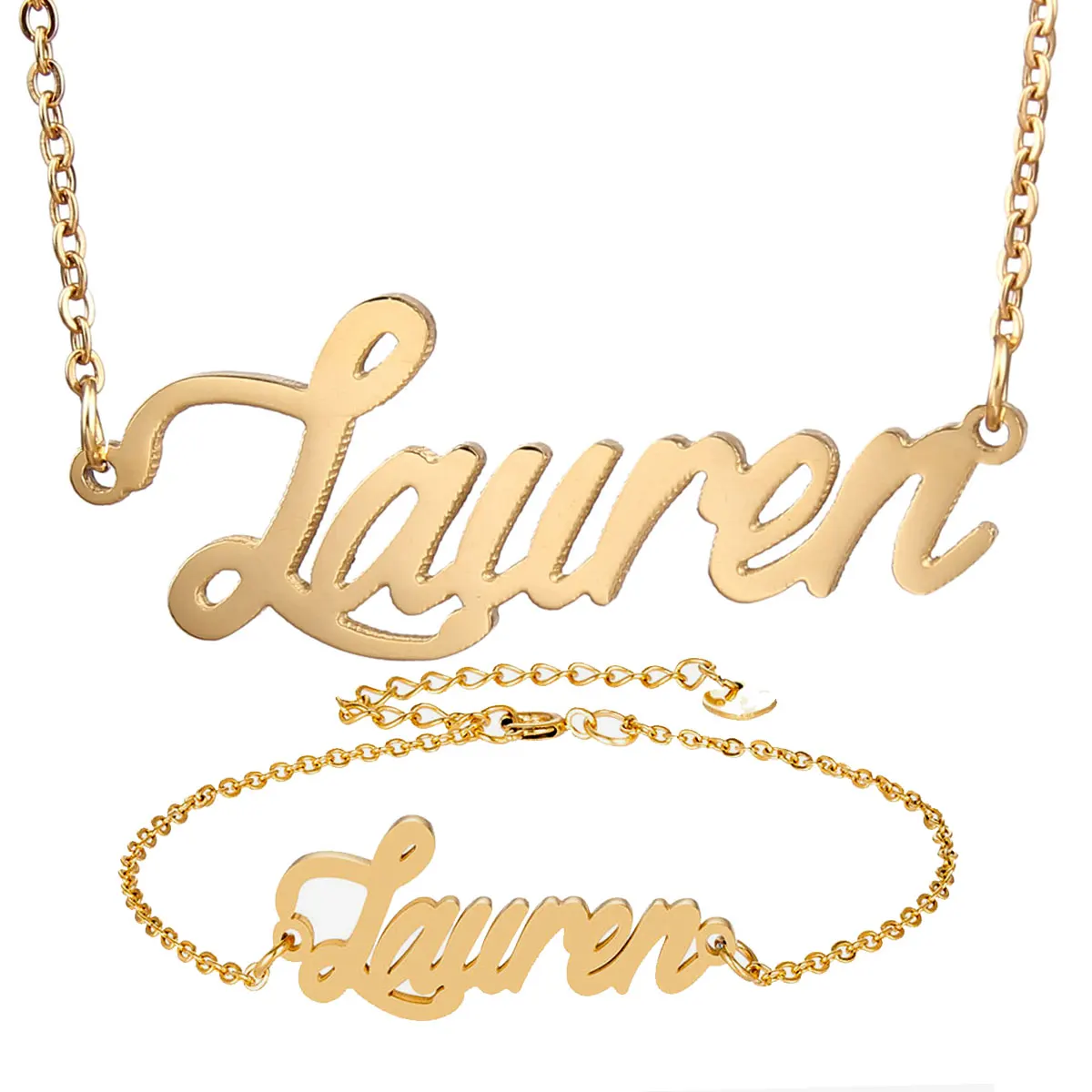 

Lauren Name Necklace + Bracelet Jewelry Set Stainless Steel Letter Charms Choker Necklaces Pendant Nameplate Sets Gift