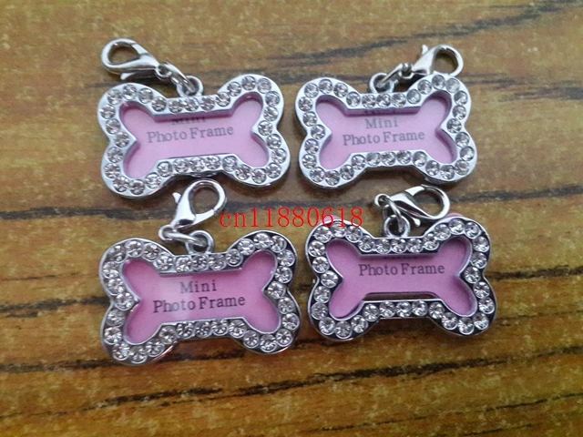 

100pcs/lot Free Shipping 32x20mm Pet Collar ID Tag Dog Name Tag Rhinestone Bone Shaped Doggie Puppy Crystal Photo Frame