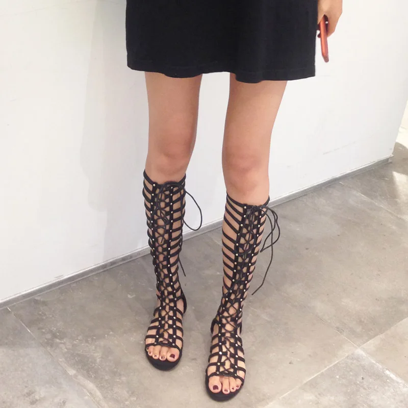 Sexy Rivet Cut-outs Corss Lace Up High Top Women Flat Sandals Ladies Knee High Gladiator Summer Shoes Size 35-41 Girls Sandals