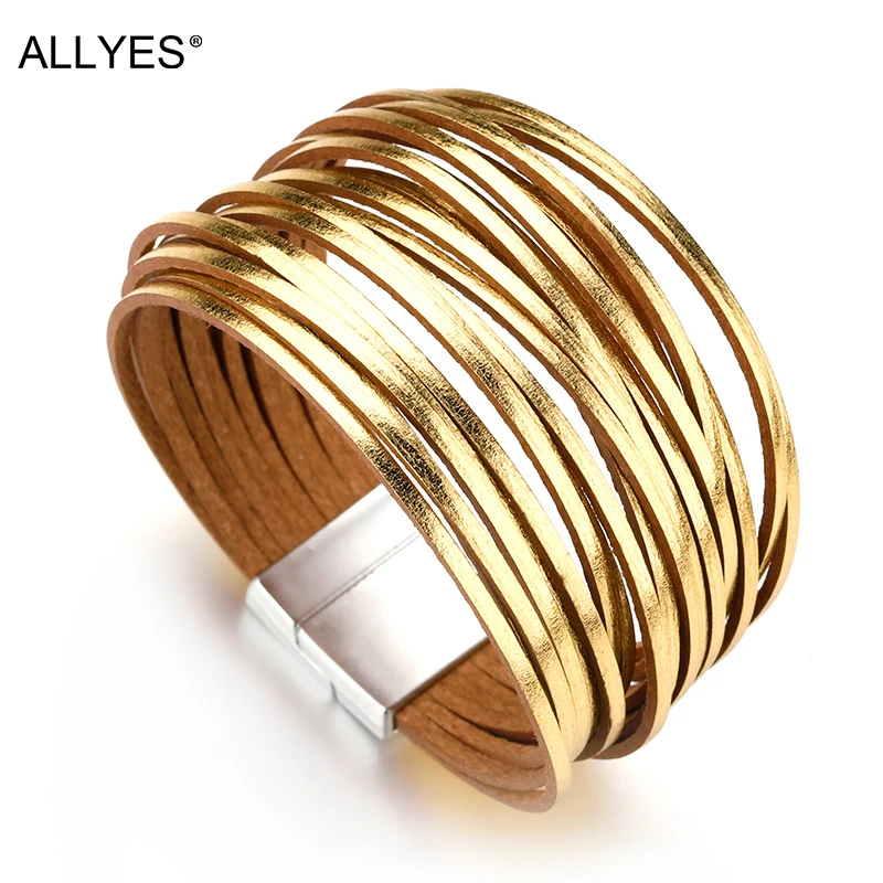 ALLYES Simple Gold Silver Color Leather Bracelets For Women Fashion 2024 Boho Multilayer Strips Wide Wrap Bracelet Jewelry