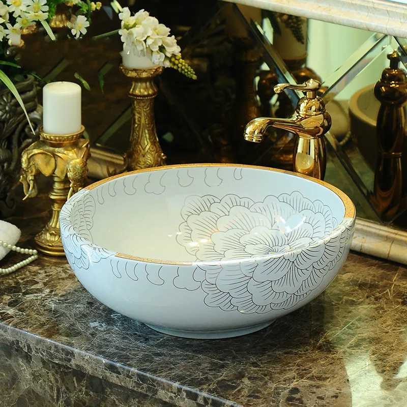 

White Europe Handmade Lavabo Ceramic Washbasin peony Artistic Bathroom Sink Countertop jingdezhen porcelain basin sink