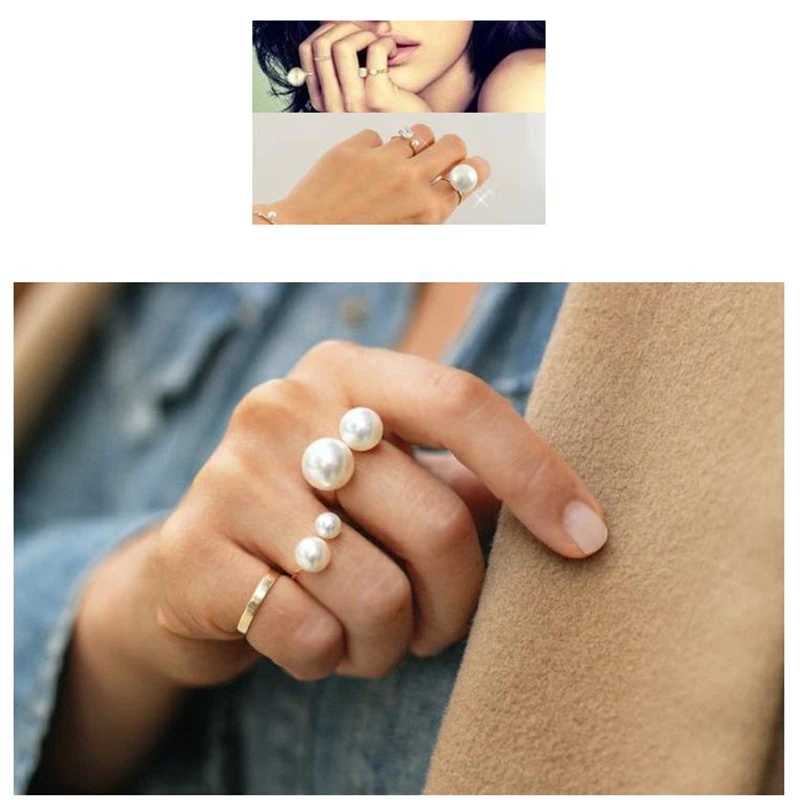 Fashion Women's Size Pearl Open Ring Temperament Wild Fashion Ring Joint Double Pearl Ring Jewelry Lover Gift