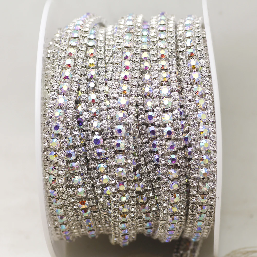 

5 ярдов, 3 ряда, с кристаллами + цветной цепочкой из горного хрусталя, Серебряное основание с когтями, платье, декоративная отделка, аппликация, Пришивные сумки для одежды