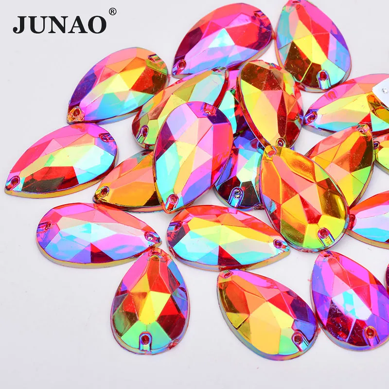 JUNAO 17*28mm 100pcs Sewing Large Purple AB Teardrop Rhinestone Applique Flatback Acrylic Crystal Stones Sewn Strass for Crafts