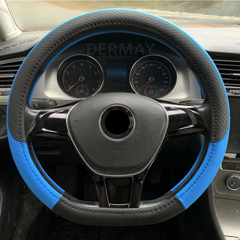 DERMAY D Shape Leather Car Steering Wheel Cover for VW Golf 7 Bettle 2008-2020 Scirocco Jetta Tiguan 2016-2020 Accessories