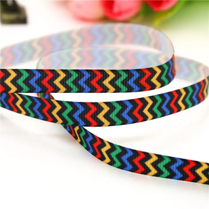 DUWES 3/8''  Chevron rainbow stripe quatrefoil printed grosgrain ribbon hairbow headwear party decoration 9mm D606