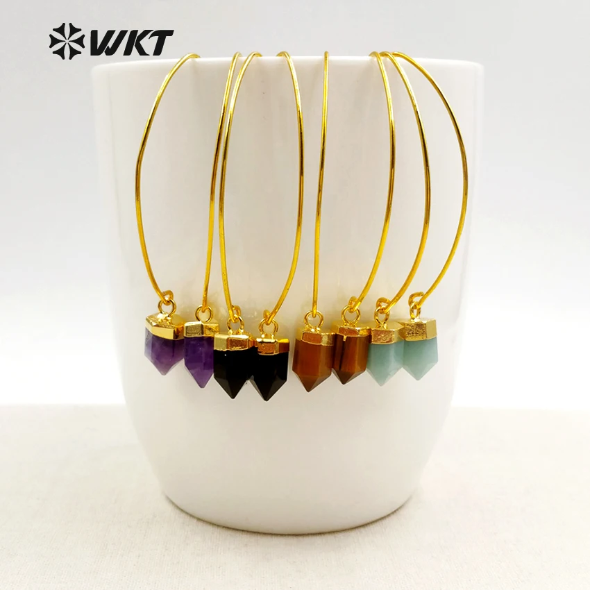 WT-E411 Wholesale 5pcs/Lot Elegant Women Earrings Colorful Natural Stone Sparkling Electroplated Jewelry for Party Gift