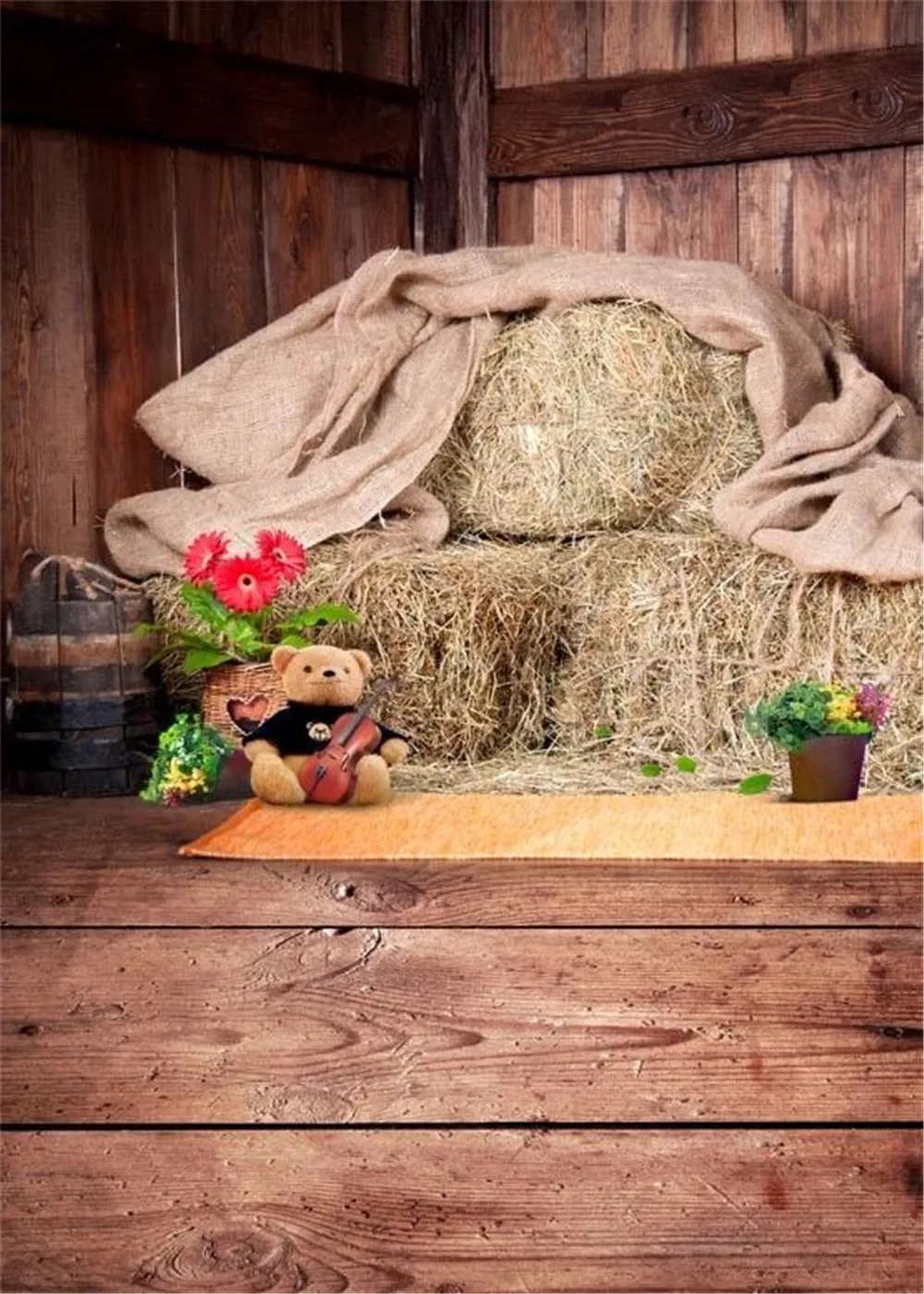 Brown Wooden Wall Floor Photography Backdrop Printed Straw Pile Flowers Toy Bear Guitar Baby Kids Photo Shoot Backgrounds