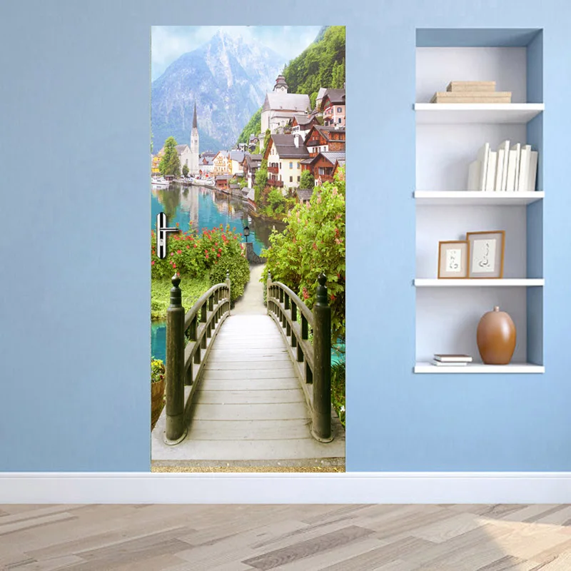 European Wooden Bridge Ancient Town Scenery Door Stickers 3D Wallpaper Living Room Bedroom PVC Waterproof Door Stickers 3D Mural