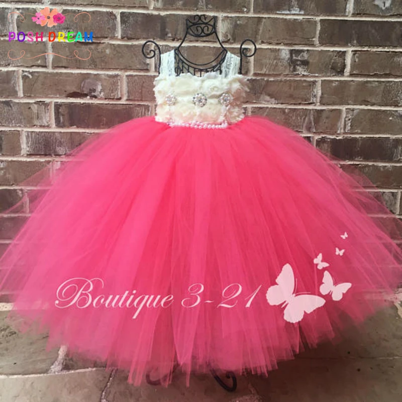 POSH DREAM Coral Pink Flower Dress Kids Girl Flower Tulle Dress Shabby Flower with Rhinestone Tutu Dress Kids Girls Costumes