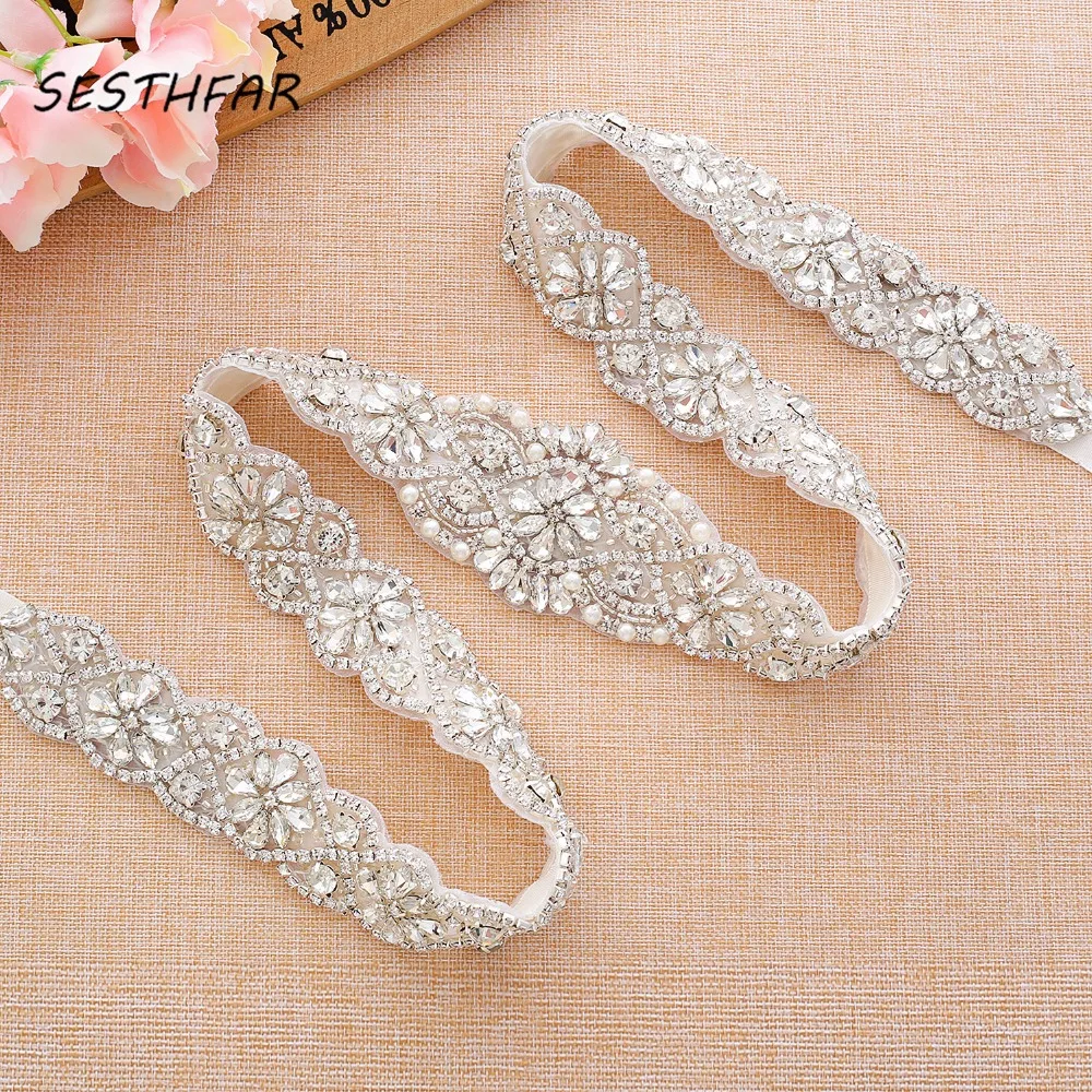 SESTHFAR – ceinture de mariée en strass, longueur 35 pouces, ceinture de mariée, perles S cristal, pour robes de mariée