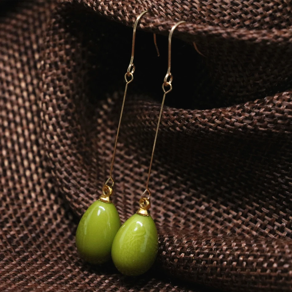 large eardrop long drop earrings green baking paint glass 9*13mm teardrop women fashion dangle earbob jewels B1795