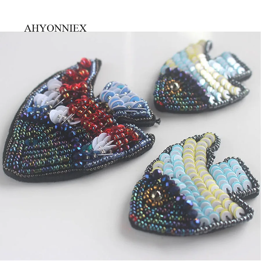 AHYONNIEX Dolphin Fish Patch for Clothes Sew on Rhinestone Beaded Applique for Jackets Jeans Bags Beaded Applique