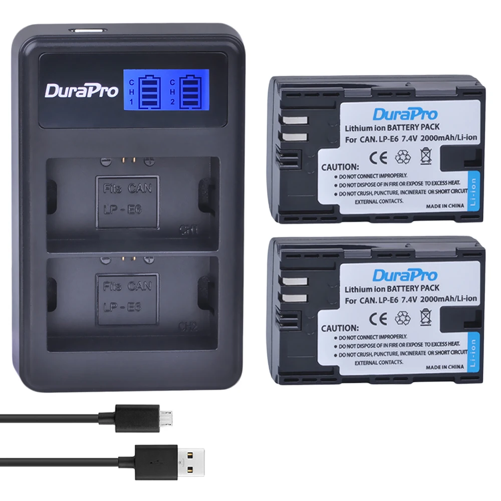 

DuraPro 2pc LP-E6 Bateria LP-E6N LP E6 E6N Battery + LCD USB Dual Charger For Canon EOS 5D Mark II III 7D 60D 6D Battery