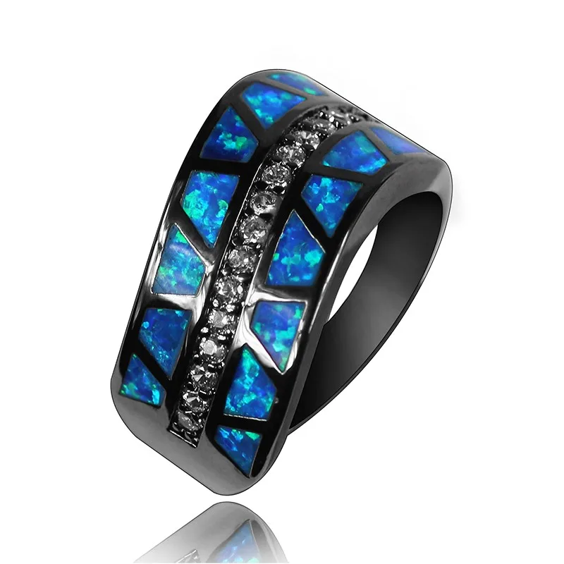 

JLR-567 Unique Design Black Gun Plated Blue Opal Rings Fashion Jewelry Evening Party Cocktail Rings