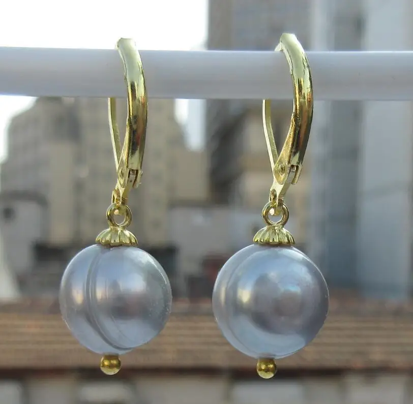 

huge charming pair OF AAA++11-10mm south sea gray pearl earring14k/20