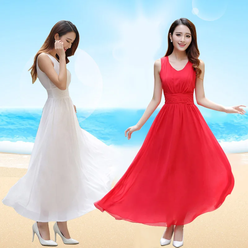 

2017 Summer new female dress Slim show thin beach dress solid color chiffon dress Bohemia dress V neck