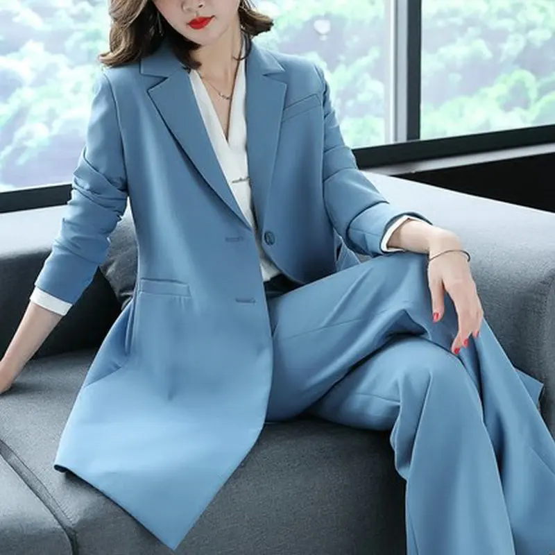 2018 Spring Women's 2 Pieces Sets  Trench Coat and Wide Leg Pants Suit Office Lady Blue Slim Fit Blazer Jackets Suits