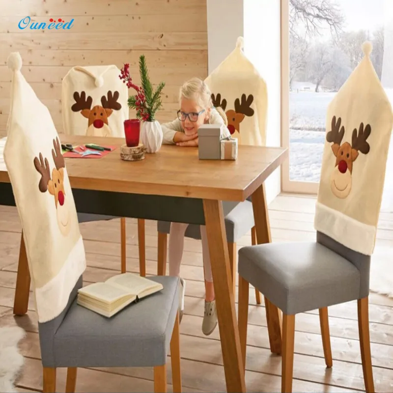 

4 pcs/ lot Deer christmas chair cover embroid Elk xmas Chair Cover Christmas Dinner Table Decoration Party Hat Chair Back Covers