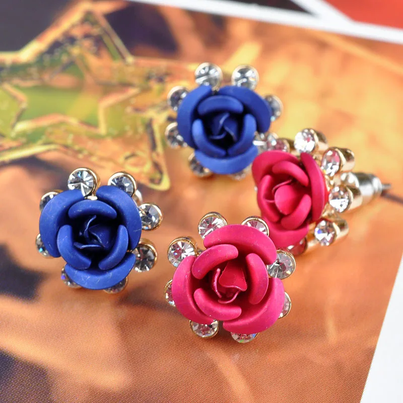 New Fashion Gold Color Rhinestones Earrings For Women Heart-shaped Crystal Red Rose Flower Stud Earrings Valentine\'s Day Gift