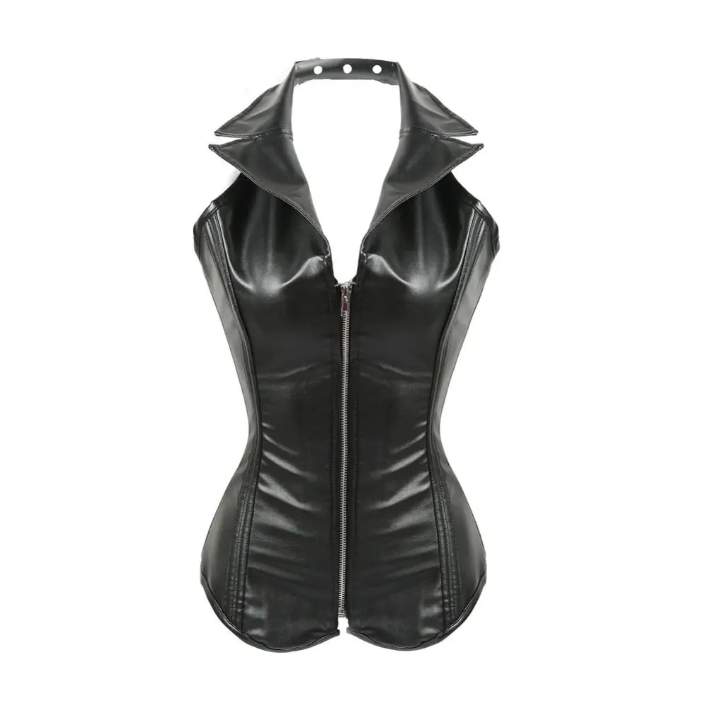 

Explosion High Quality PU Leather Corset Ladies Zipper Halter Lace Up Back Body Sculpting Top Steel Bone Palace Overbust Corset