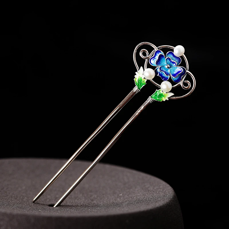 

Cloisonne Thai Silver Hair Stick Enamel Silver Chinese Pearl Hairpin 2-prong Peony Flower Hair Fork Jewelry 100x33mm WIGO1150