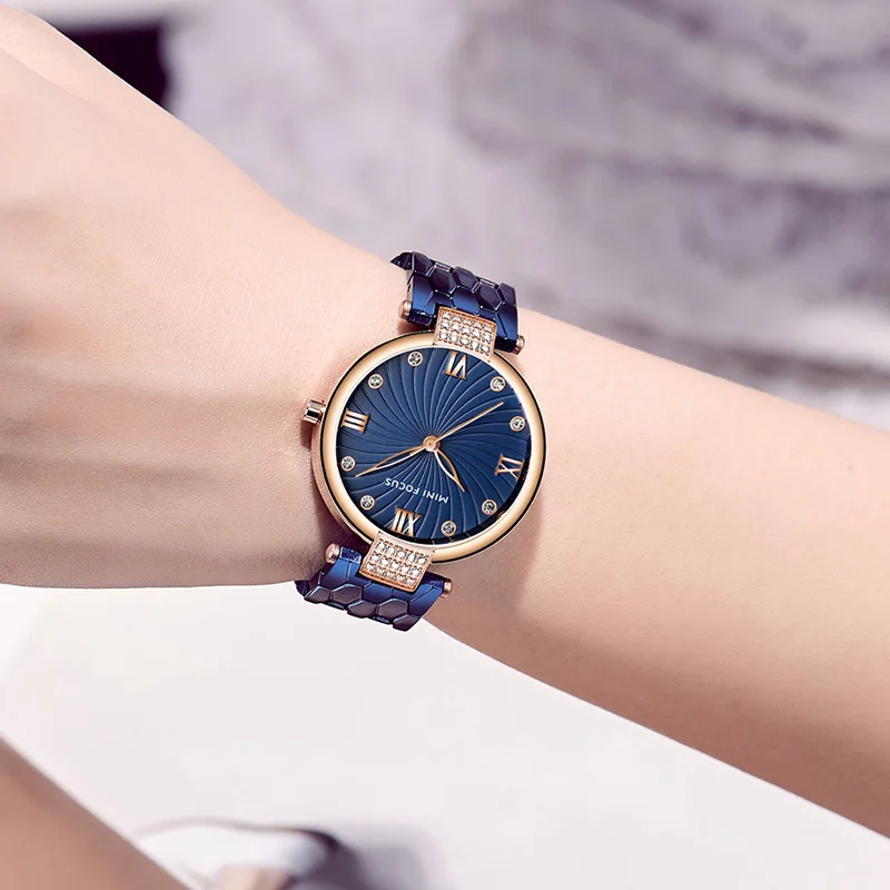 MINI FOCUS Women\'s Luxury Blue Watches Stainless Steel Bracelet Strap Waterproof Quartz Wristwatch Lady Woman Relogios 0186L