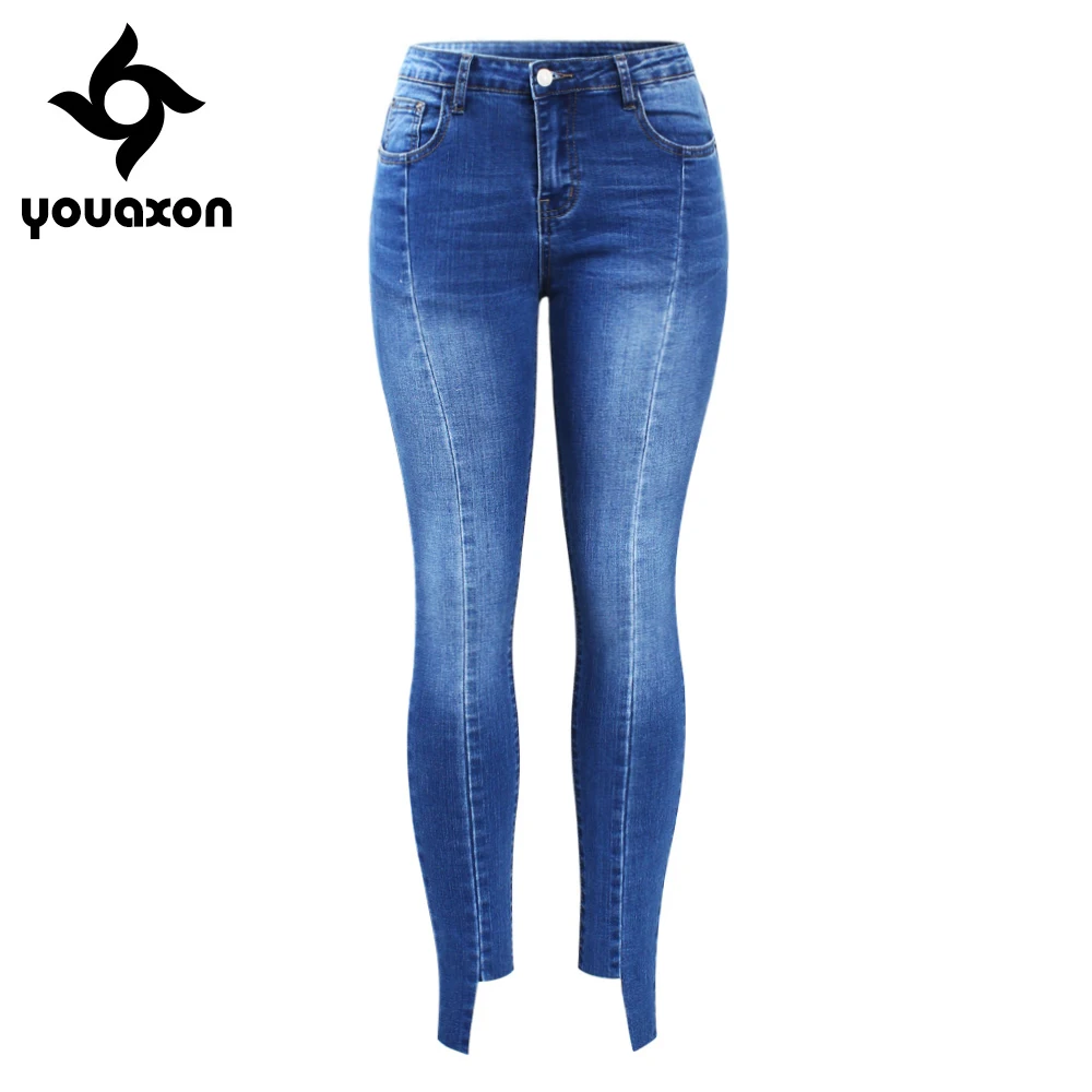 2154 Youaxon Spliced Jeans With Fake Back Pockets Irregular Denim Trousers For Woman