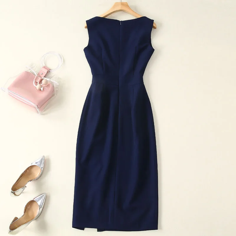 قلم رصاص عالي الجودة للربيع والصيف للنساء، فستان كاجوال مثير للحفلات في مكان العمل، أنيق وأنيق باللون الأزرق الداكن