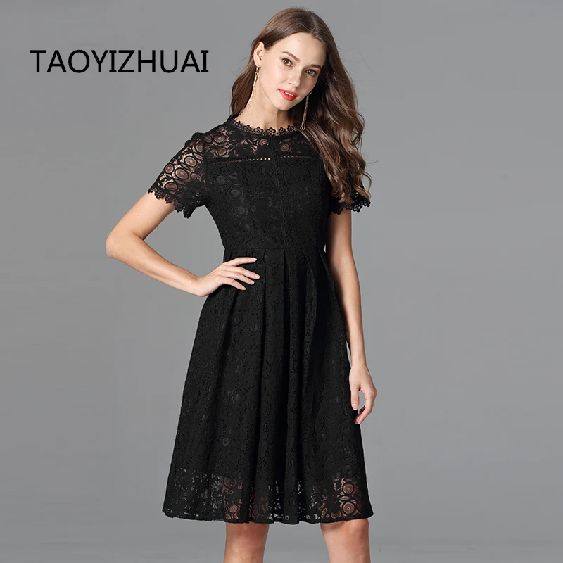 

TAOYIZHUAI Summer New Arrival Black color Big Size Casual Style A-Line O-Neck Knee Length Elegant Women Lace Dress 11698