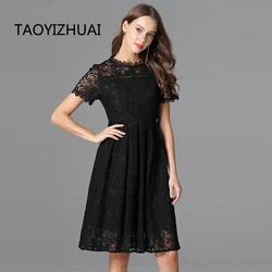 TAOYIZHUAI Summer New Arrival  Black color Big Size Casual Style  A-Line  O-Neck Knee Length   Elegant Women Lace Dress 11698