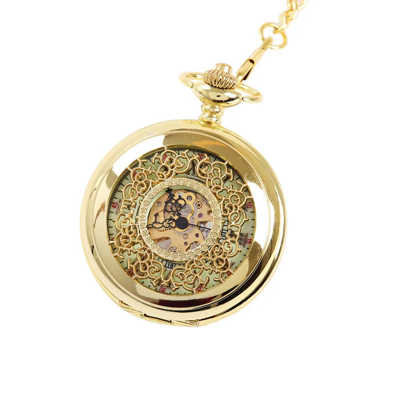 

8935 large Gold thick chain dense flower hollow night light pocket watch ancient Roman text mechanical pocket watch 8931