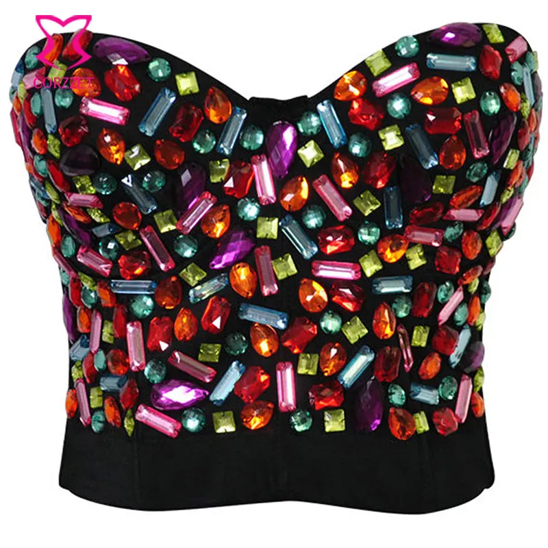 Burlesque Candy Color Resin Gem Studded Push Up Bra Bustier Crop Top Soutien Gorge Punk Rock Club Party Bras For Women Bralette