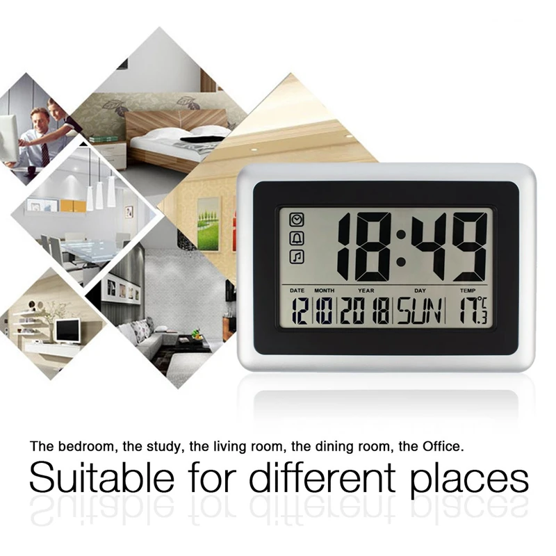 Large Display Digital Wall Clock,Silent Desk Shelf Clocks Calendar Temperature Thermometer Humidity Hygrometer Alarm Clock L