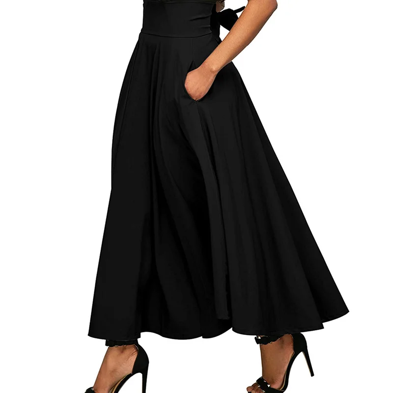 

Ladies Long Skirts Womens High Waist Pleated Skirt Front Slit Belted Bowknot Maxi Skirt Faldas Mujer Wine Red Black Jupe Femme